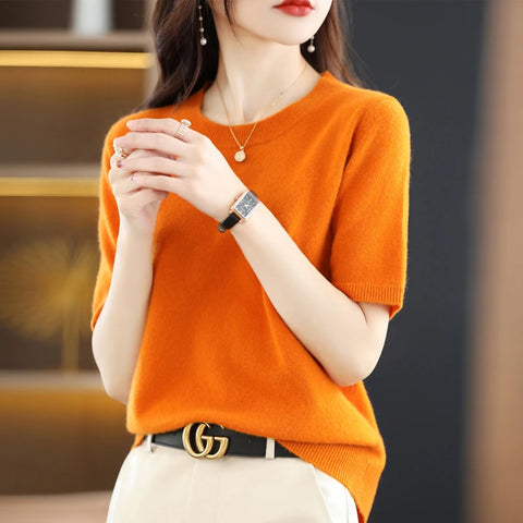 Spring and Summer New Short-sleeved Women O-neck Slim  Sweater