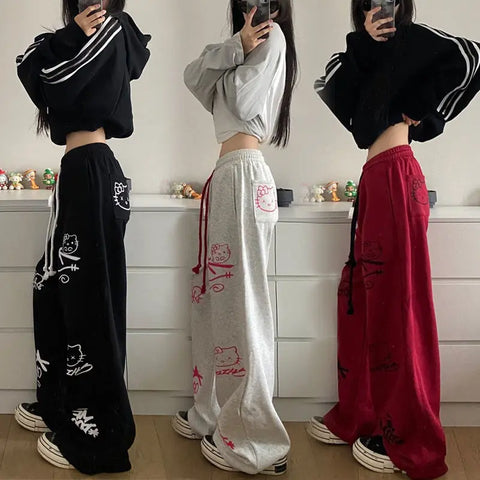 Retro streetwear graffiti pants Hip hop baggy sweatpants versatile straight leg trousers wide leg drawstring slacks Y2K pants