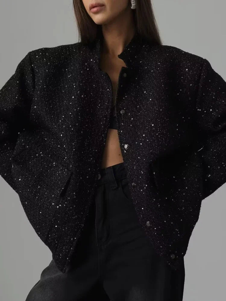 Women's Shiny Sequined Bomber Jacket O-Neck Long Sleeve