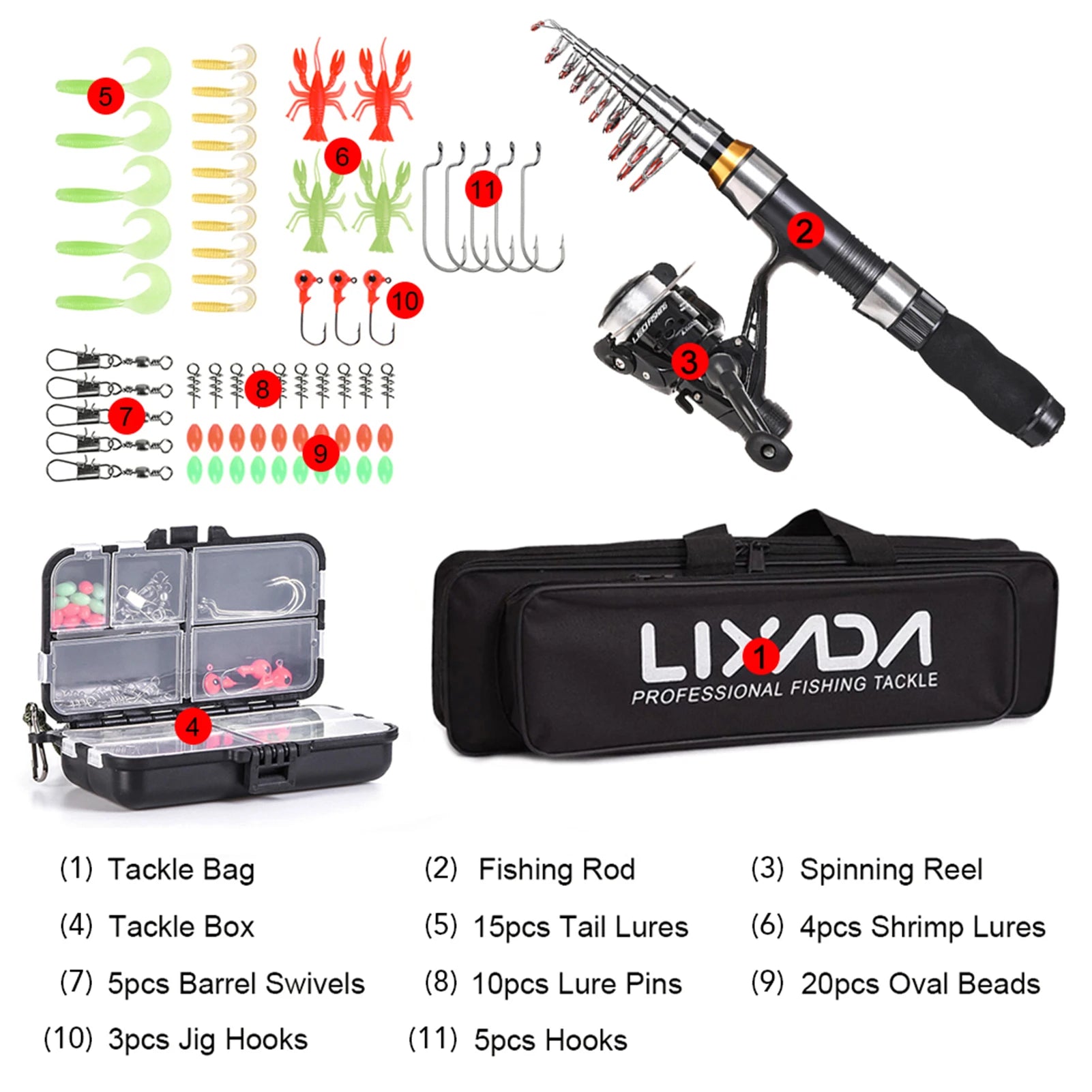 Lixada Fishing Rod Reel Combo Full Kit Telescopic Fishing Rods Spinning Reels Set with Hooks Soft Lures Barrel Swivels