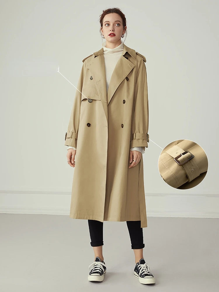 FSLE 100% Cotton Khaki Long Women Trench Coat Autumn Winter