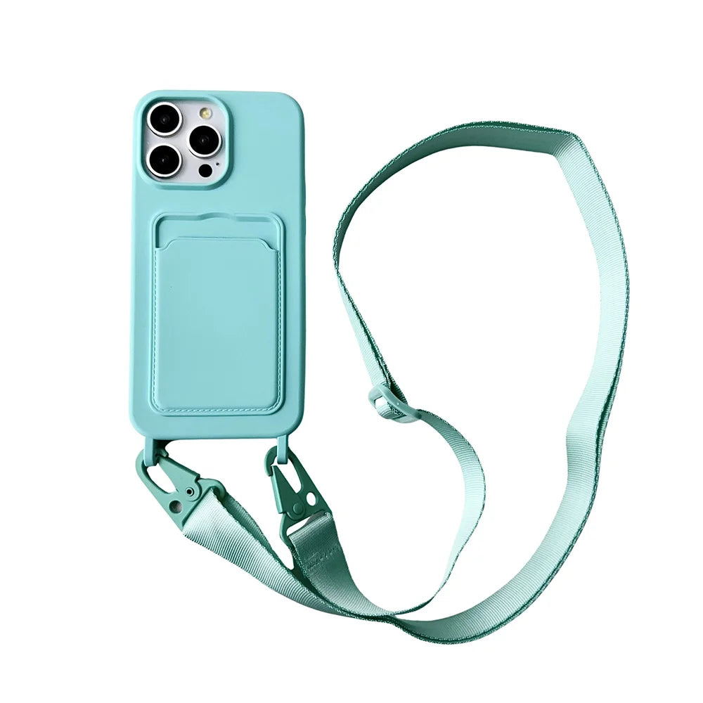 Crossbody Lanyard Necklace Rope Wallet Silicone Case For iPhone 15 Plus 14 13 12 11 Pro Max Slot Card Holder Plain Back Cover