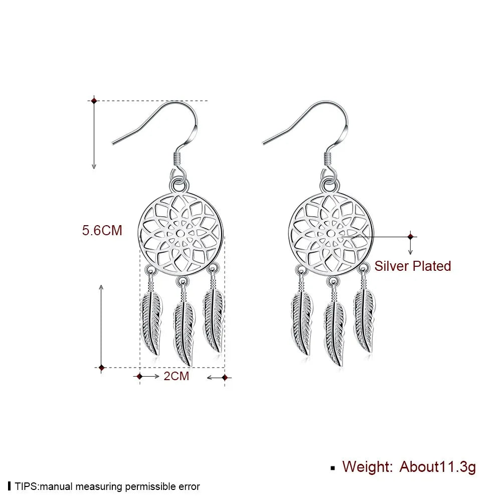 Silver Dream catcher feathers earrings for women