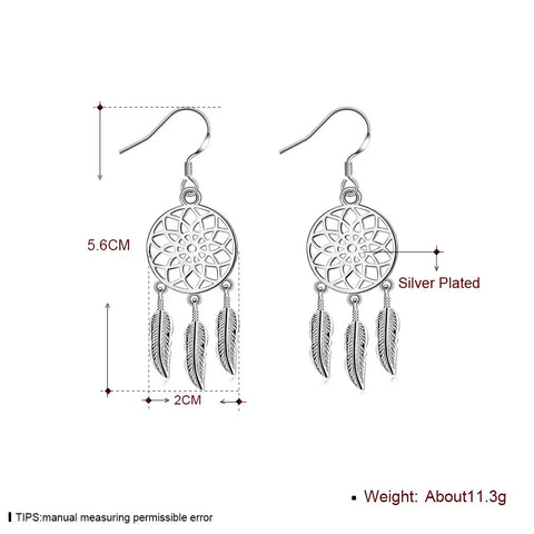 Silver Dream catcher feathers earrings for women