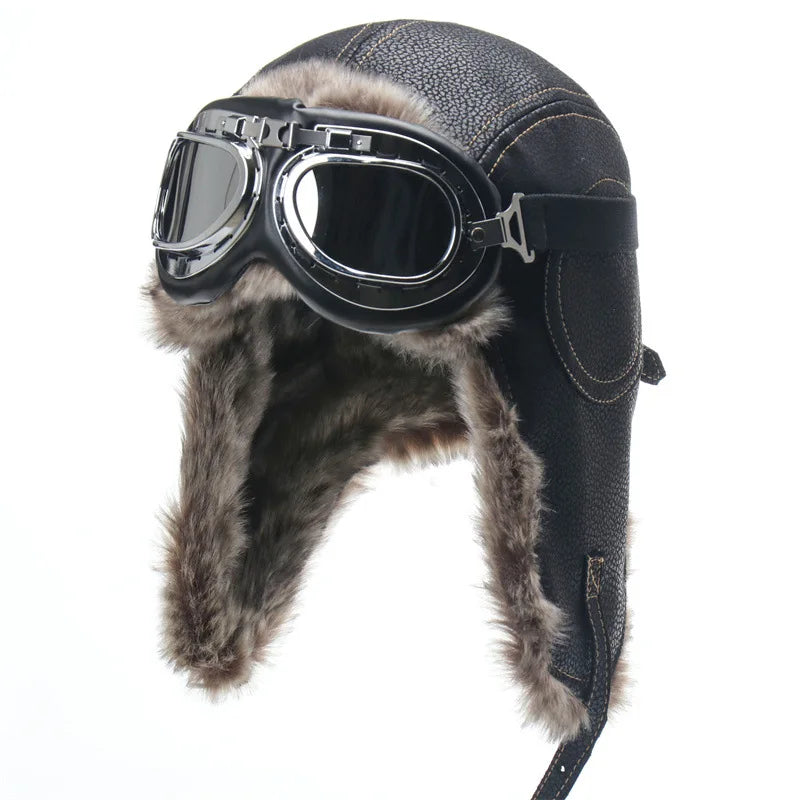 Goggles Outdoor Motorcycle Windproof Warm Faux Fur Pilot Earflap Hat