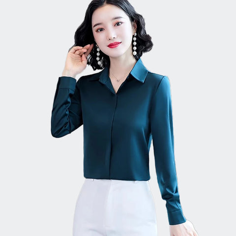 Breasted Solid Satin Silk Shirt Casual Female Tops Blusas Mujer