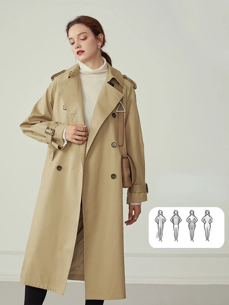 FSLE 100% Cotton Khaki Long Women Trench Coat Autumn Winter