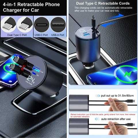 4-in-1 Fast Car Phone Charger Dual Type-C