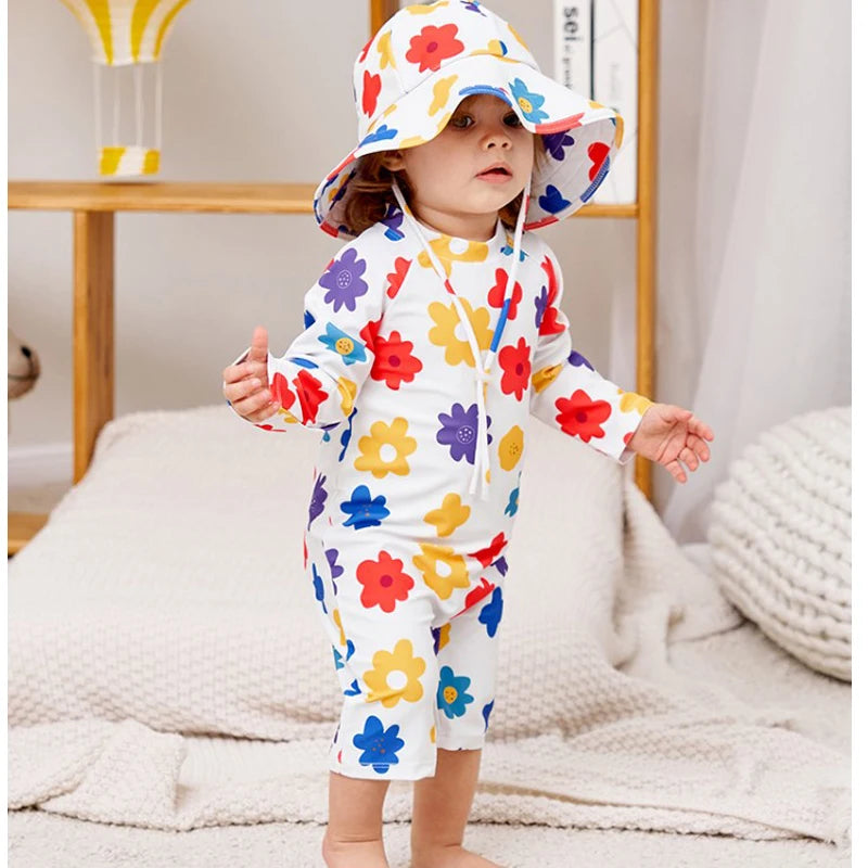 Baby Swimsuit One-Piece Bathing Suit Boy with Sun Cap UPF50 UV Protection Long Sleeve Dinosaur Children's Swimwear for Toddler