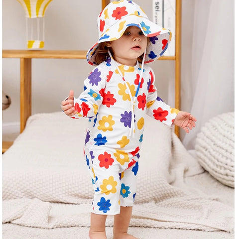 Baby Swimsuit One-Piece Bathing Suit Boy with Sun Cap UPF50 UV Protection Long Sleeve Dinosaur Children's Swimwear for Toddler