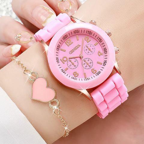 6PCs/Set Fashion Women's Candy Watch Soft Silicone Strap Quartz Watch Colorful Jewelry Set