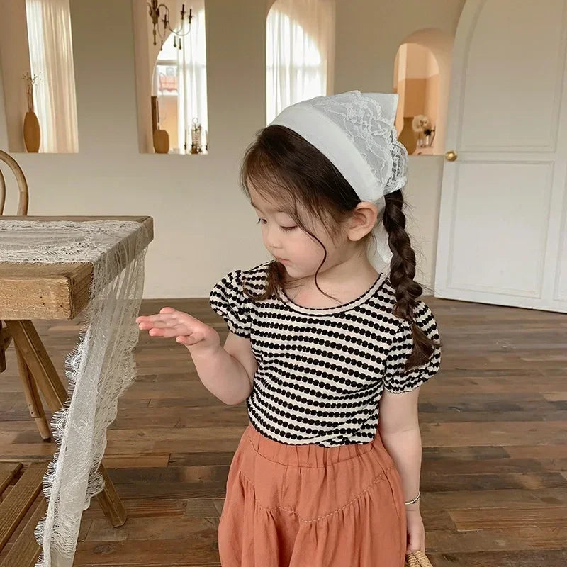 2024 Summer Baby Girls T-shirts Kids Girl Striped Puff Short-sleeve Tops Fashion Bowknot Backless Children Clothing Toddler Tees