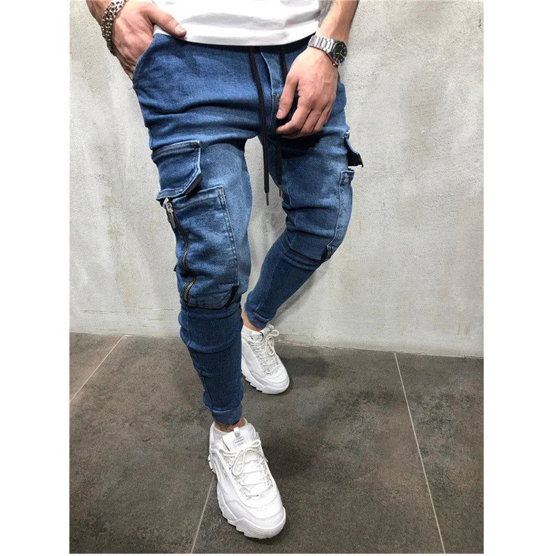 Jeans Men Pants Wash Solid Color Multi Pockets Denim Mid Waist Cargo Jeans Plus Size Fahsion Casual Trousers Male Daily Wear