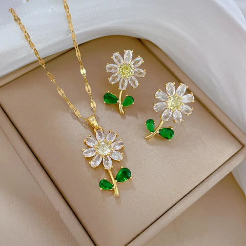 Classic Green Leaf Flower Necklace and Earrings Set Light Luxury Sunflower Personalized Banquet Stainless Steel Jewelry