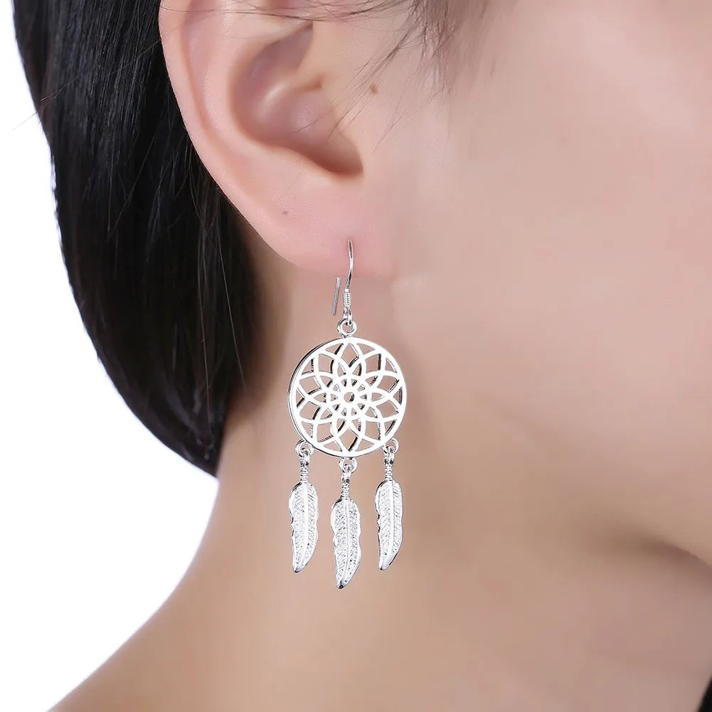 Silver Dream catcher feathers earrings for women