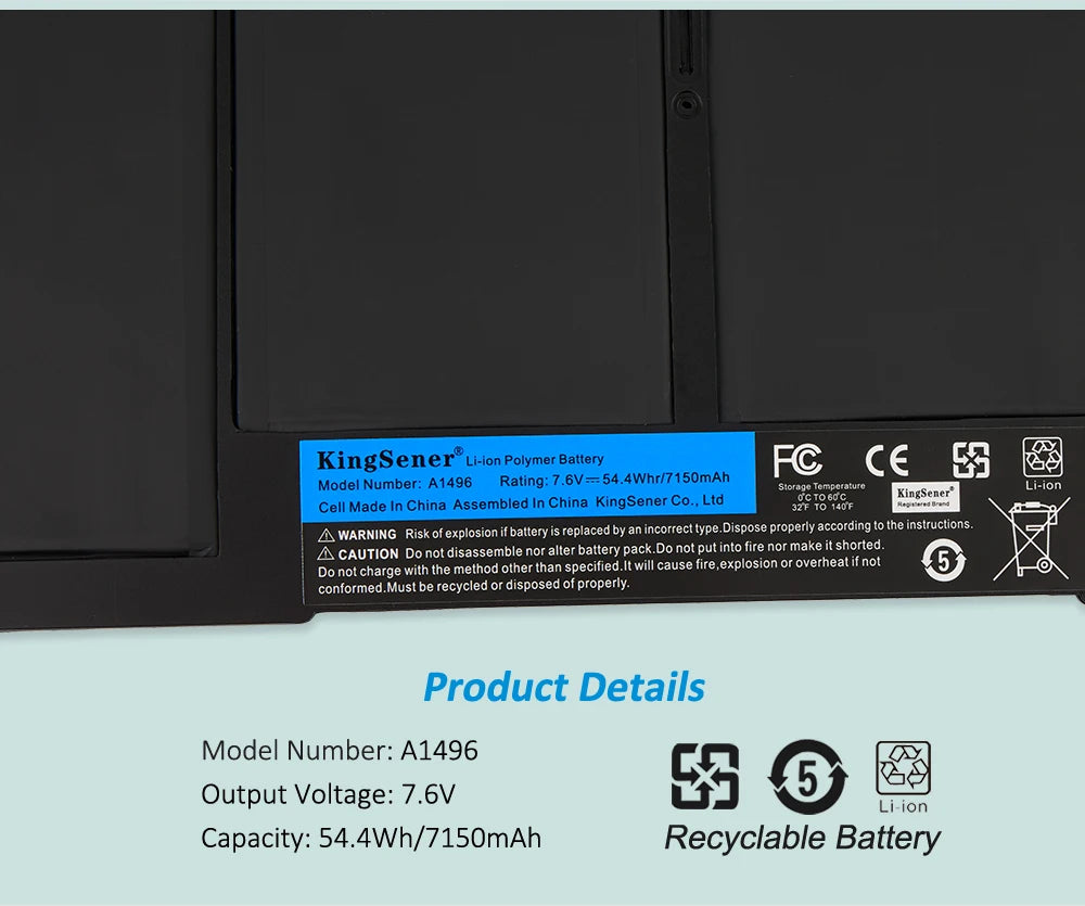 KingSener New Laptop Battery A1496 For Apple MacBook Air 13" A1466 2012/2013/2014/2015/2017 MD760LL/A MD761CH/A 7.6V 7150mAh