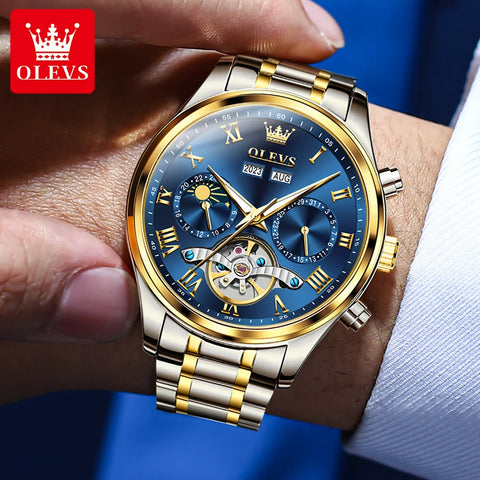 OLEVS Luxury Men's Watches Fashion Waterproof Multifunctional Fully Automatic Mechanical Watch Complete Calendar Moon Phase