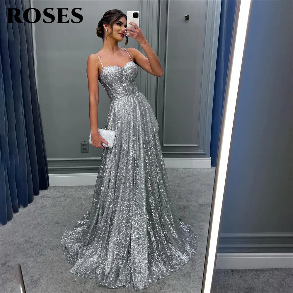 ROSES Spaghetti Strap Silver Prom Dress Party Dress Sequin Tiered Celebrity Gown Wedding Party Dress  فستان سهرة вечерние платья