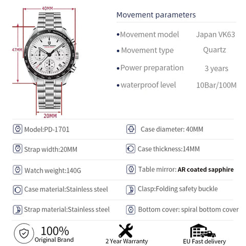 PAGANI DESIGN 2024 Date Speed Chronograph AR Sapphire Luxury Quartz Men's watches 100M Waterproof Steel shell Luminous Watch+Box