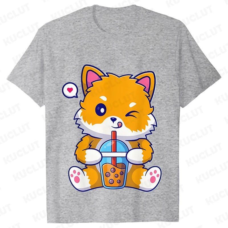 Boba Fox Drinking Print Blouse Women Clothing Fashion Kawaii Cartoon Fox Graphic T-shirts Anime Harajuku Tops Short Sleeve Tees