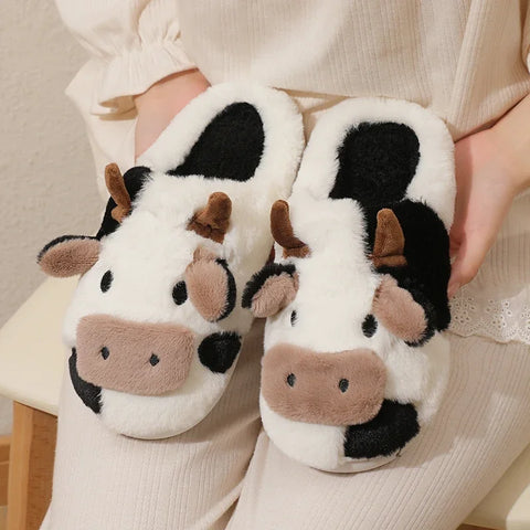 New Winter Unisex Cartoon Cow Warm Plush Slippers Couple's Indoor Non-slip House Mule Men And Women Toe Wrap Home Cotton Shoes