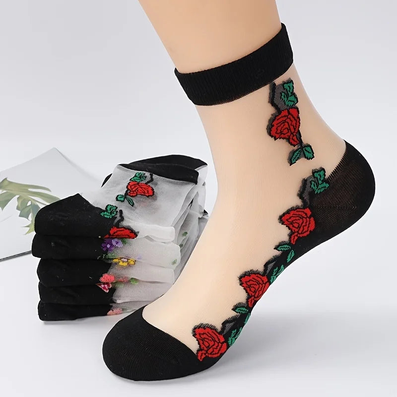 5 Pairs Mesh Floral Print Mid Tube Socks