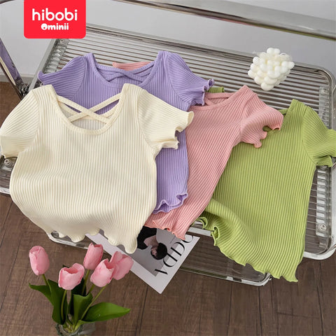 hibobi Girls Fashionable Back Cross Short Sleeve T-Shirt Summer New Korean Style Children's Solid Color Versatile Casual Top