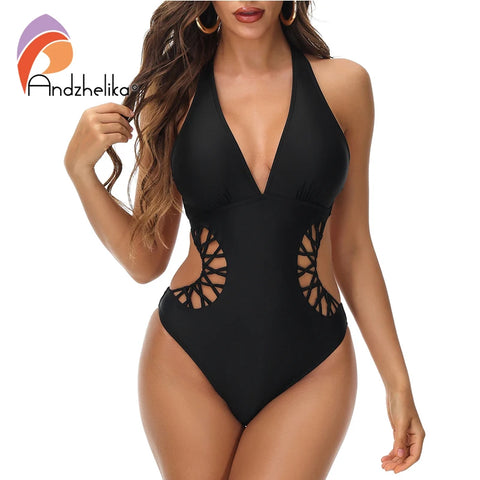 Andzhelika Black One Piece Swimsuit Women's Laced Sexy Halter Swimwear Monokini Female Bathing Suit Cutout Bodysuit Swim Wear