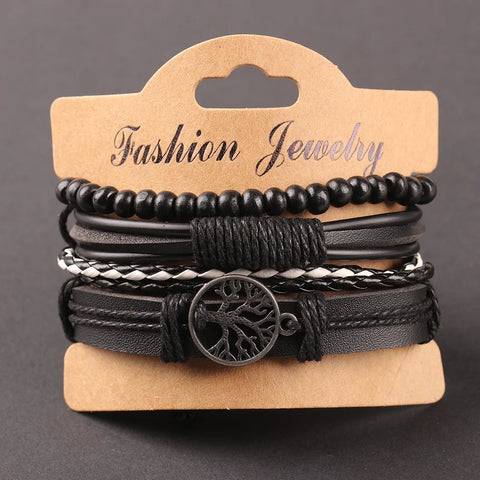 Tree of Life Alloy Accessories Four Combination Set Leather Men's Bracelet Wooden Beads Hand-woven Leather Ornament