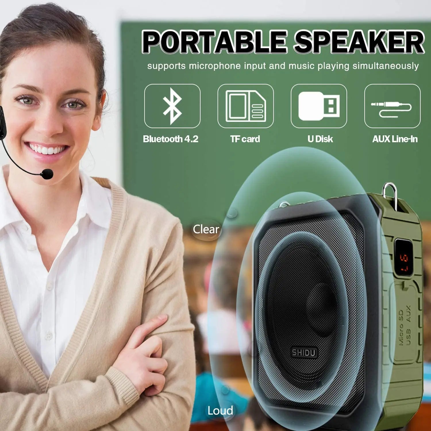 SHIDU Portable Voice Amplifier With Wireless Microphone For Teachers IPX5 Waterproof Bluetooth Speaker 4400mAh Power Bank M800