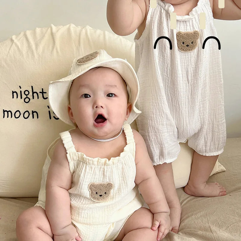 Cartoon Bear Muslin Romper Hat Suit Spring Summer Baby Clothes Infant Girls Coat Soft Cotton Breathable Jumpsuit for Boys 0-3T