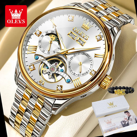 OLEVS 7023 Men's Watches Luxury Moon phase Waterproof Original Automatic Mechanical Watch for Men Stainless Steel Date Watch Man