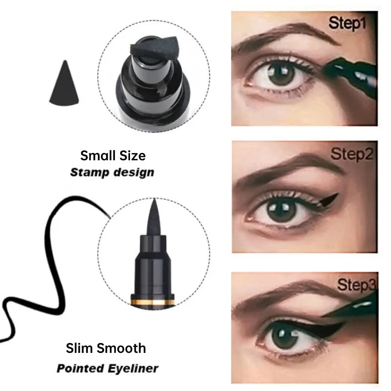 3pcs Eye Makeup Set Waterproof Eyeliner + Eyelash Curler + Cat Eye Wing Stamp Pen Fast Dry Liquid Eyeliner Pencil Cosmetic Kit