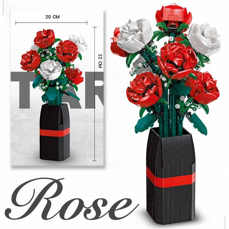 Creative Red Rose Vase Plants Model Building Blocks Moc Romantic Classic Flowers Bouquet Potted Bricks Toys Valentine's Day Gift