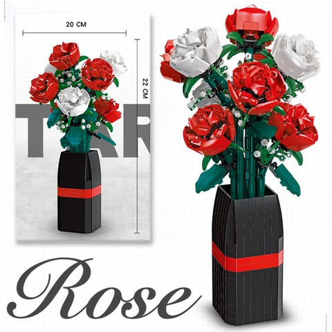 Creative Red Rose Vase Plants Model Building Blocks Moc Romantic Classic Flowers Bouquet Potted Bricks Toys Valentine's Day Gift