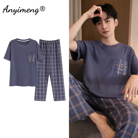 Mens Fresh Pajamas 3xl 4xl Sleepwear Short Sleeved Long Pants Cotton Leisure Pyjamas for Boy Plaid Pants Men Summer Nightwear