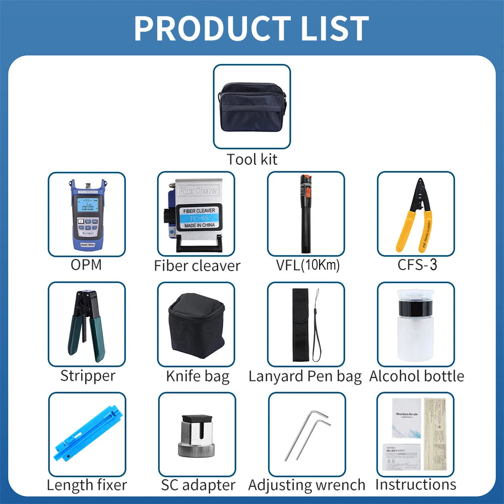 OPTFOCUS 19pcs Fiber Optic Tool Kit 10mW Visual Fault Locator FTTH Tools Fiber Power Meter Optical Bag Fiber Cleaver