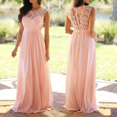 Elegant Chiffon Lace A Line Bridesmaid Dress Long Women Sleeveless O Neck Illusion Back Summer Beach Formal Evening Party Gown