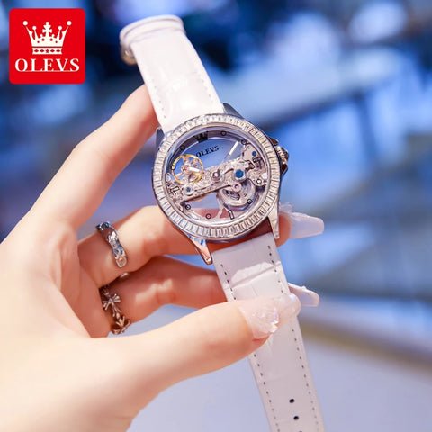 OLEVS Fully Hollow Out Mechanical Watch for Women Luxury Fashion Diamond Lap Ladies Wristwatch Elegant Automatic Women's Watches