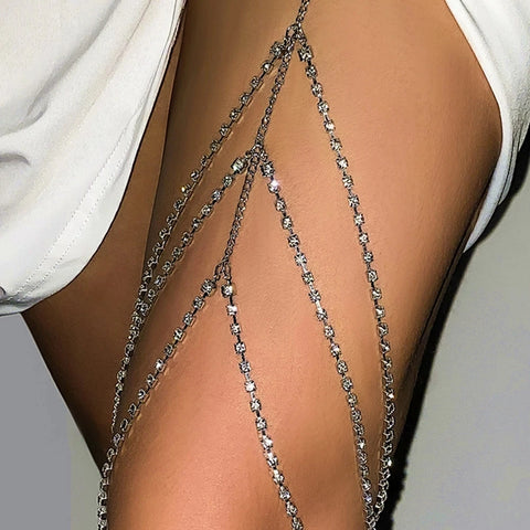 IngeSight.Z Sexy Rhinestones Leg Thigh Chain for Women Multilayer Shiny Crystal Silver Color Waist Body Chain Beach Jewelry