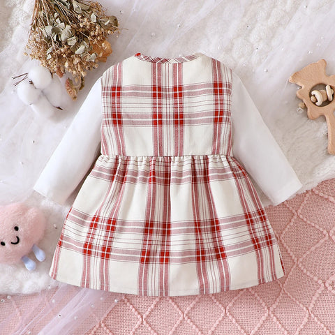 Girls  Dress With A Ruffled Collar  Long Sleeved Button Up Bow Tie  Fluffy Skirt  Plaid Pattern  Fashionable New Home Style