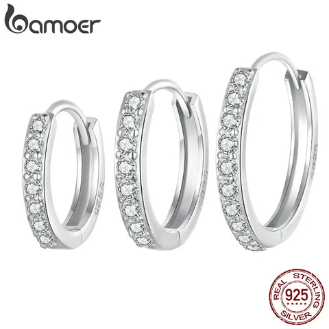 BAMOER 925 Sterling Silver Classic CZ Huggie Hoop Earrings, White Gold Plated Cartilage Piercing Earrings Ear Cuff for Women