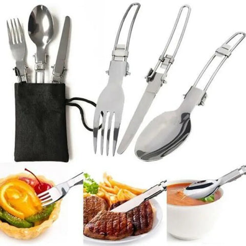 Portable Dinnerware Set Stainless Steel Foldable Spoon Fork Knife With Black Bag 3 In 1 Cutlery Set Camping Picnic Tableware Set