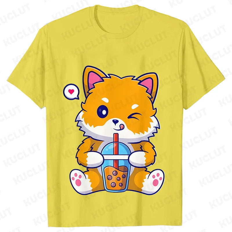 Boba Fox Drinking Print Blouse Women Clothing Fashion Kawaii Cartoon Fox Graphic T-shirts Anime Harajuku Tops Short Sleeve Tees