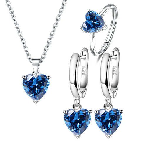 S925 Sterling Silver Jewelry Sets For Women Heart Zircon Ring Earrings Necklace Wedding Bridal Elegant Christmas Free Shipping