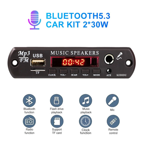 Handsfree 60W Amplifier Bluetooth DIY MP3 Decoder board 12V Time Display Microphone Wireless Car MP3 Player USB TF AUX FM Radio