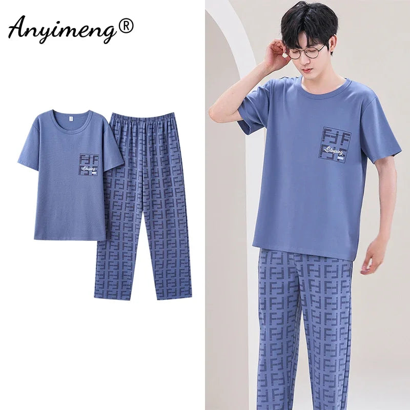 Mens Fresh Pajamas 3xl 4xl Sleepwear Short Sleeved Long Pants Cotton Leisure Pyjamas for Boy Plaid Pants Men Summer Nightwear