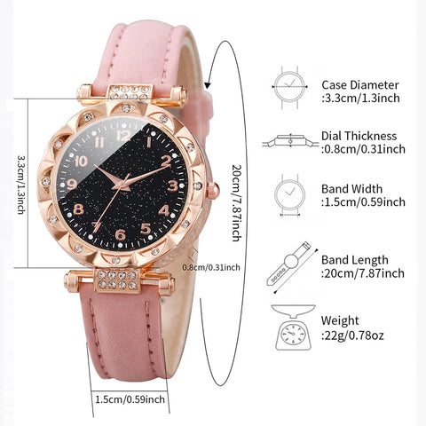 6pcs/set Fashion Women Leather Band Quartz Watch & Love Heart Jewelry Set