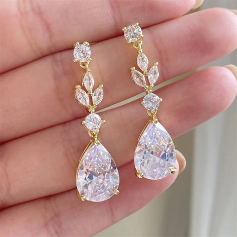 ZAKOL Luxury Cubic Zirconia Necklace Earrings Rings Set for Women Shinny Water Drop Leaf CZ Bridal Wedding Jewelry Sets