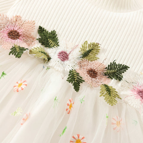 Infant Baby Girls Long Sleeves Round Neck Flower Embroidery Tulle Splicing Dress Toddler Clothes